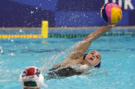 United States' Margaret Steffens reaches for the ball during a preliminary round women's water polo match against South Africa at the 2020 Summer Olympics, Wednesday, July 28, 2021, in Tokyo, Japan. (AP Photo/Mark Humphrey)