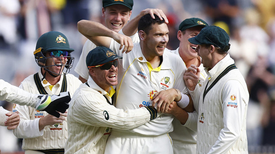 Scott Boland, pictured here celebrating with teammates after dismissing Jack Leach in the third Ashes Test.