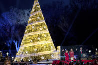 <p>President Donald Trump and first lady Melania Trump, react as they light the 2017 National Christmas Tree during the National Christmas Tree lighting ceremony at the Ellipse near the White House in Washington, Thursday, Nov. 30, 2017. (Photo: Andrew Harnik/AP) </p>