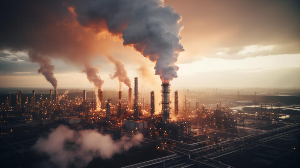 Aerial view of an oil refinery, with smoke billowing from its chimneys.