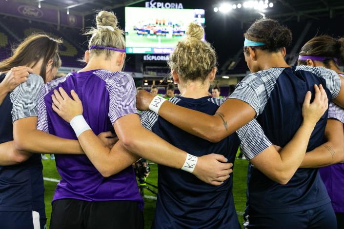 Members of the Orlando Pride and Kansas City Current honored the memory of Stanford goalkeeper Katie Meyer before their NWSL preseason match Wednesday in Orlando, Florida. The Newbury Park High star was found dead in her on-campus residence at Stanford University on Tuesday.