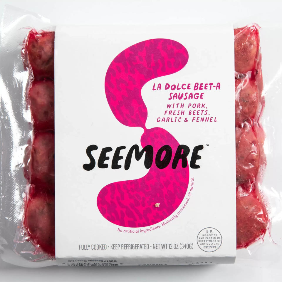 Seemore La Dolce Beet-A Sausage with pork, fresh beets, garlic, and fennel in a vacuum-sealed package
