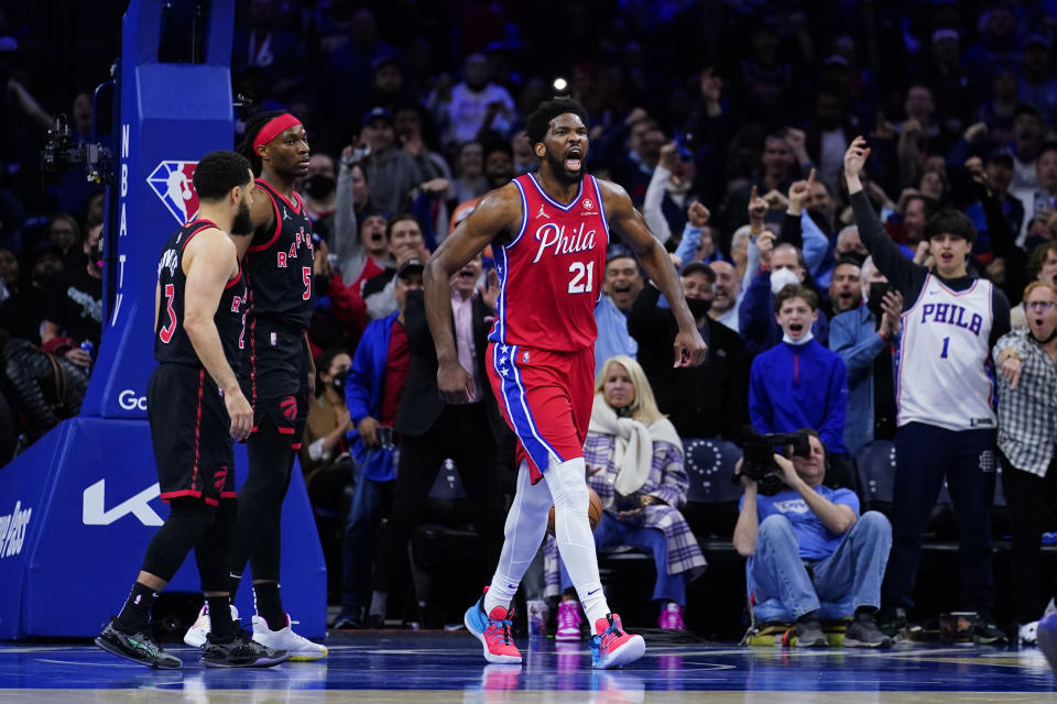 Philadelphia 76ers' Joel Embiid reacts during Game 2 of an NBA basketball first-round playoff series, Monday, April 18, 2022, in Philadelphia. (AP Photo/Matt Slocum)