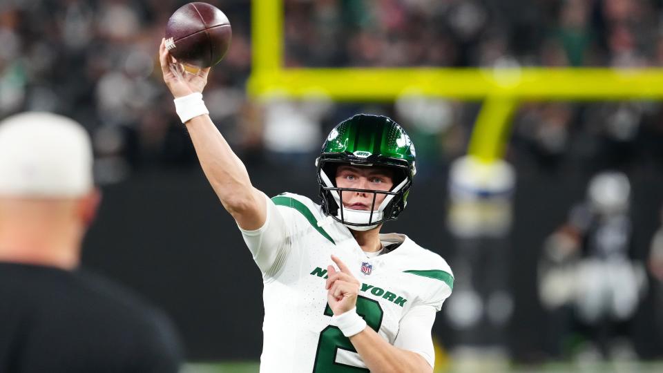 Nov 12, 2023; Paradise, Nevada, USA; New York Jets quarterback Zach Wilson (2) warms up before the start of a game against the Las Vegas Raiders at Allegiant Stadium. Mandatory Credit: Stephen R. Sylvanie-USA TODAY Sports