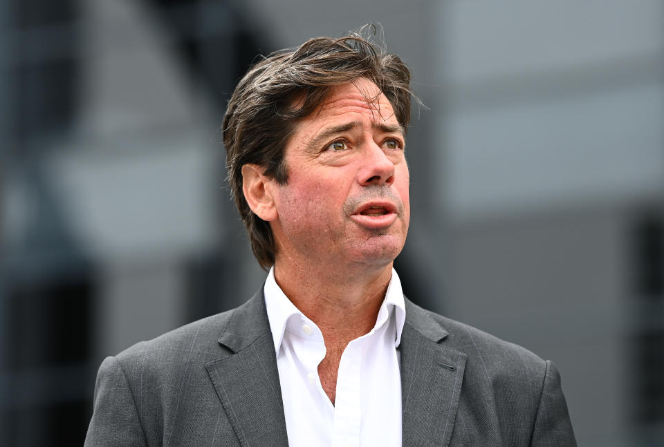 Seen here, AFL CEO Gillon McLachlan speaks to the media during a press conference at Marvel Stadium in February, 2022.