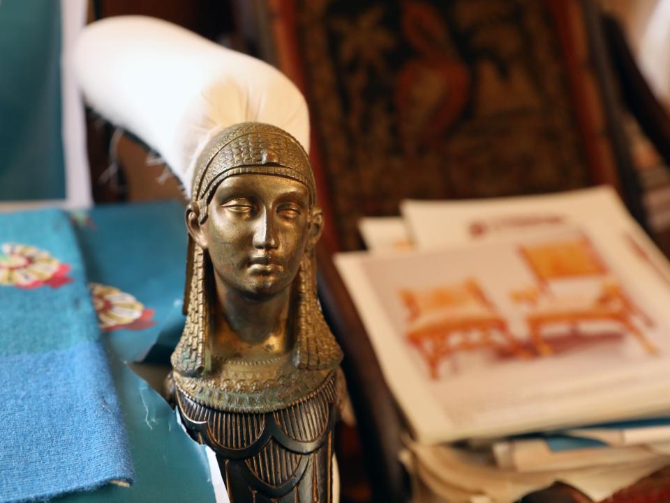 Detail of an arm chair in the Egyptian Revival Music Room at the Armour-Stiner (Octagon) House in Irvington, April 18, 2019. This unique home, a house museum on the National Register of Historic Places, is now open to visitors.