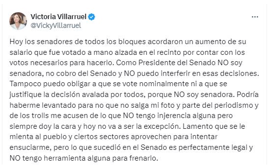 El mensaje de Victoria Villarruel luego de los aumentos en las dietas de los senadores