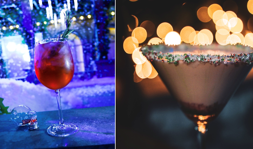 Festive Fizz Globe and Naughty Elf cocktails at Legendary Lodge pop-up.