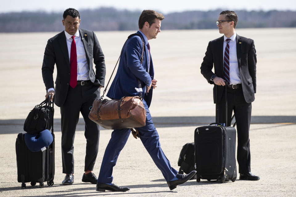 Rep. Matt Gaetz (R-Fla.) exits Air Force One at Andrews Air Force base outside Washington on Monday shortly after learning he had come into contact in late February with same person as Collins' had who tested positive for coronavirus. Gaetz self-quarantined himself from Trump and others during the flight. (Photo: ASSOCIATED PRESS)