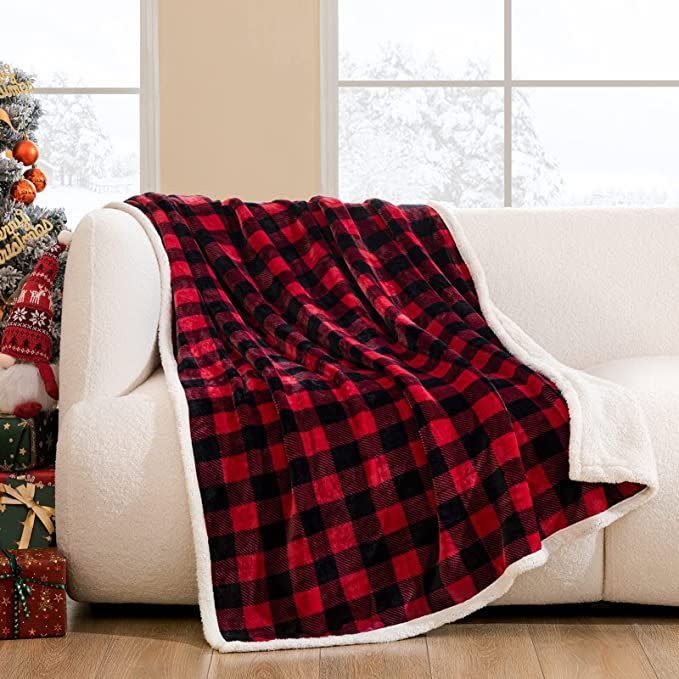 Sherpa Buffalo Plaid Christmas Throw Blanket