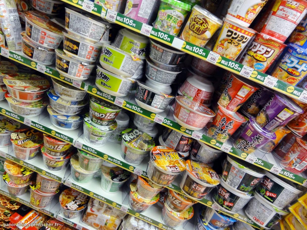 Rows of cup noodles in a convenience store in Tokyo