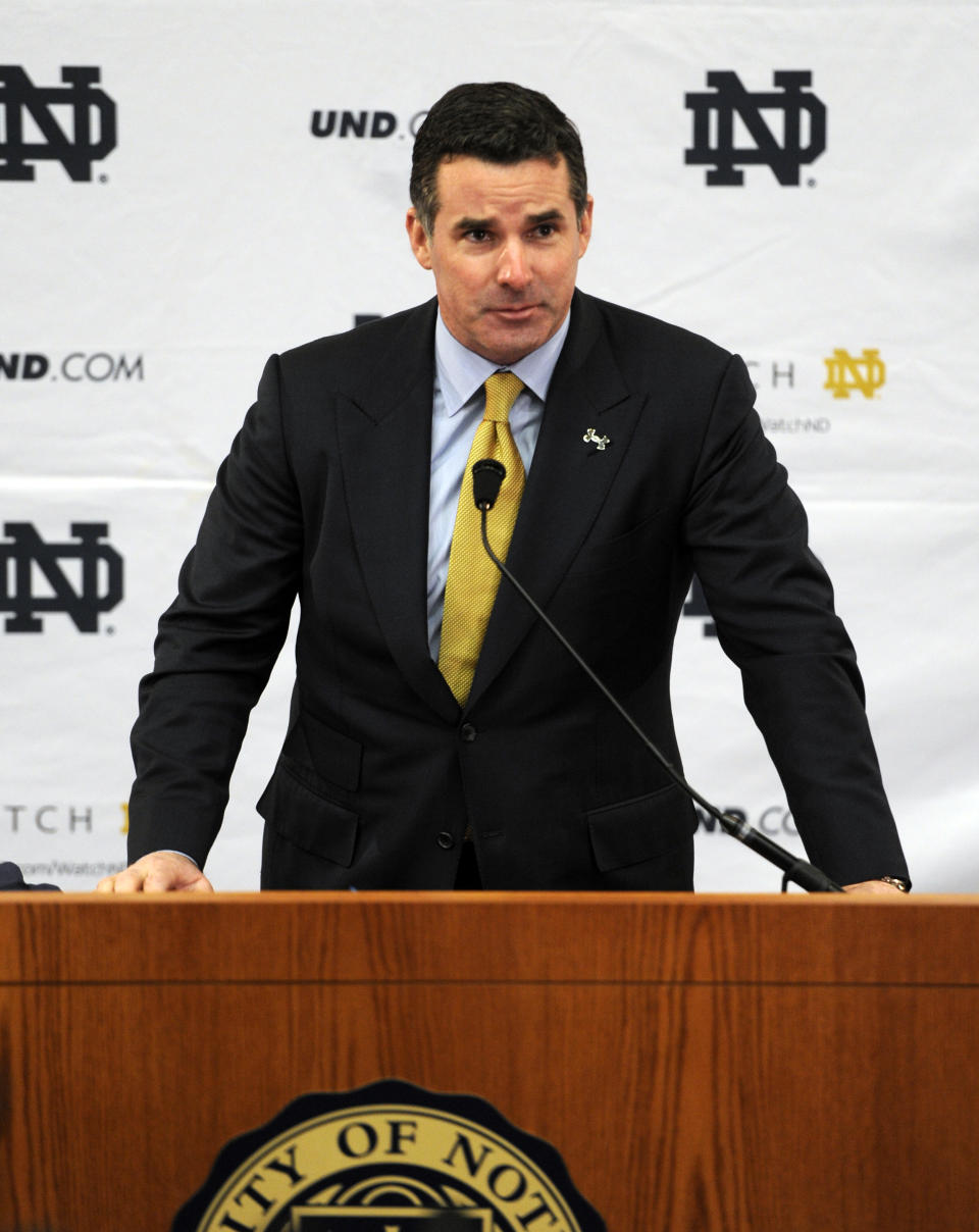 Kevin Plank, CEO and founder of Under Armour, speaks during a news conference Tuesday, Jan. 21, 2014, in South Bend, Ind., announcing an agreement between Notre Dame and Under Armour that will outfit the university's athletic teams (AP Photo/Joe Raymond)