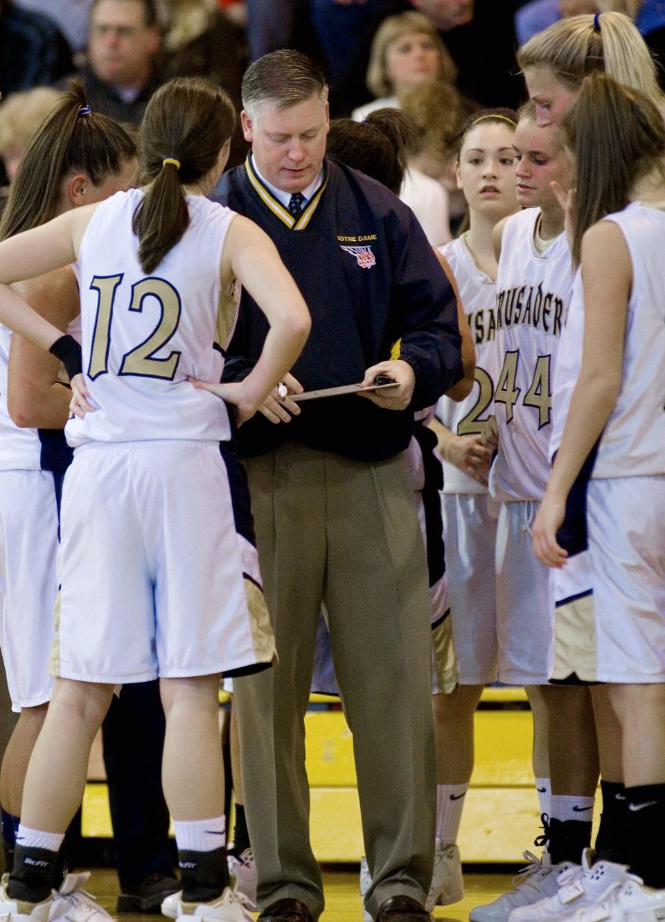 Robert Kelly diagrams a play as Elmira Notre Dame girls basketball coach in 2008.