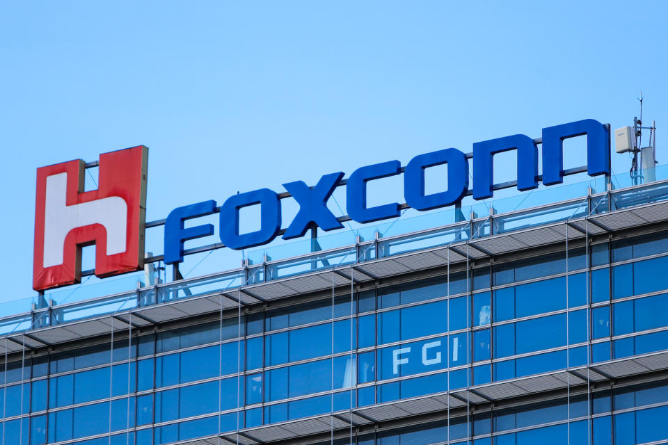 The logo of Foxconn, or Hon Hai Group , which is Taiwans technology giant and the worlds leading producer of semiconductors or chips particularly for Apples devices, is seen on top of the companys headquarters, amid COVID-19 outbreak , in Taipei, Taiwan, 15 July 2021. Foxconn has together with TSMC helped Taiwan to buy BioNTech vaccines. (Photo by Ceng Shou Yi/NurPhoto via Getty Images)