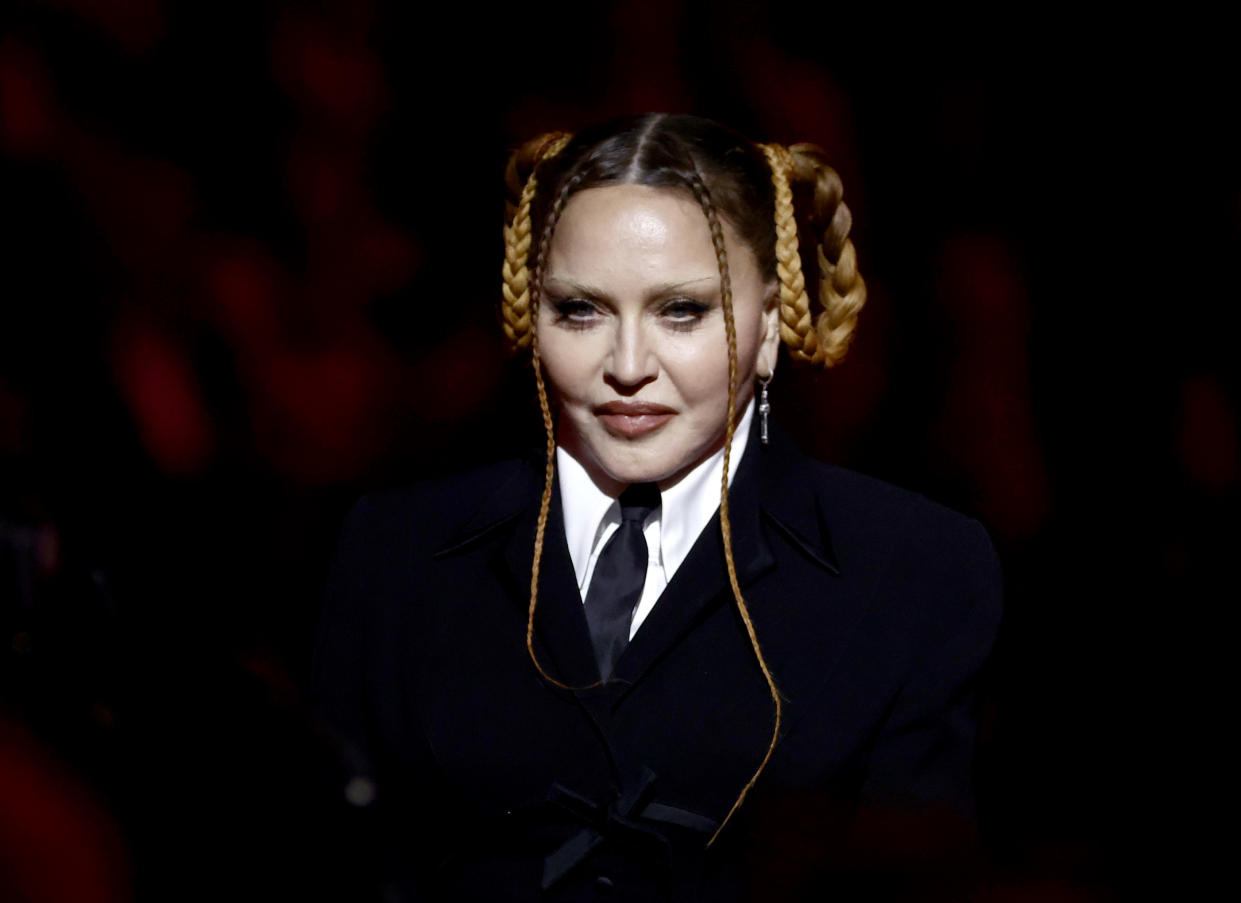 LOS ANGELES, CALIFORNIA - FEBRUARY 05: (FOR EDITORIAL USE ONLY) Madonna speaks onstage during the 65th GRAMMY Awards at Crypto.com Arena on February 05, 2023 in Los Angeles, California. (Photo by Frazer Harrison/Getty Images)