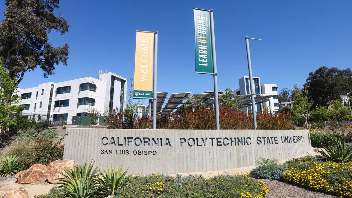 A large sign marks the Grand Avenue entrance to Cal Poly’s university campus in San Luis Obispo.