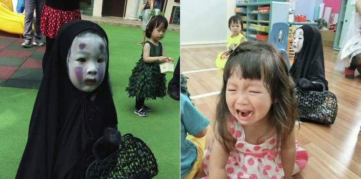 Como un homenaje a sus raíces japonesas, esta niña llegó al colegio vestida como el personaje de No-Face, de la película Spirited Away. ¡Y sí que daba miedo! Foto: Twitter.com/pandatoria