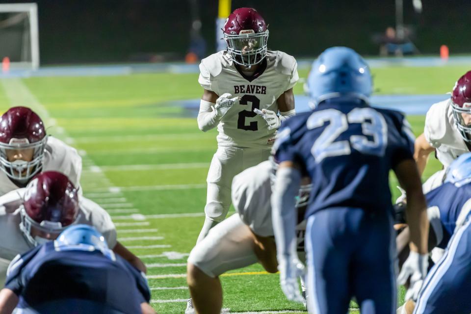 Beaver Area's Amari Jackson (2) lines up in the wildcat in the red zone during the Bobcats Western Hills Conference game Friday night against Central Valley at Sarge Alberts Stadium.