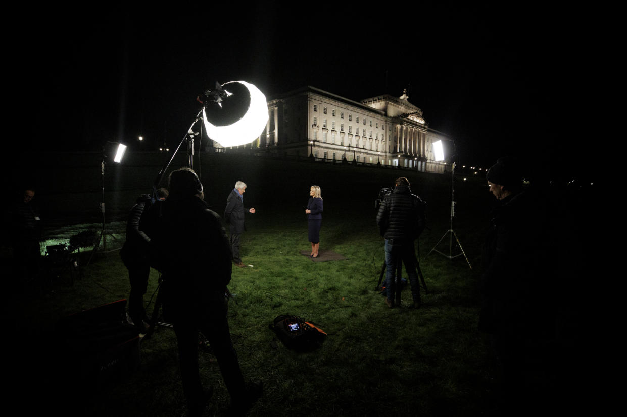 First Minister Michelle O’Neill, centre right, during a live interview with RTE (Liam McBurney/PA)