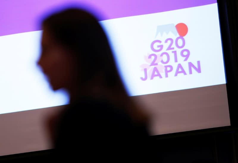 The logo of G20 Summit and Ministerial Meetings is displayed at the G20 Finance and Central Bank Deputies Meeting in Tokyo