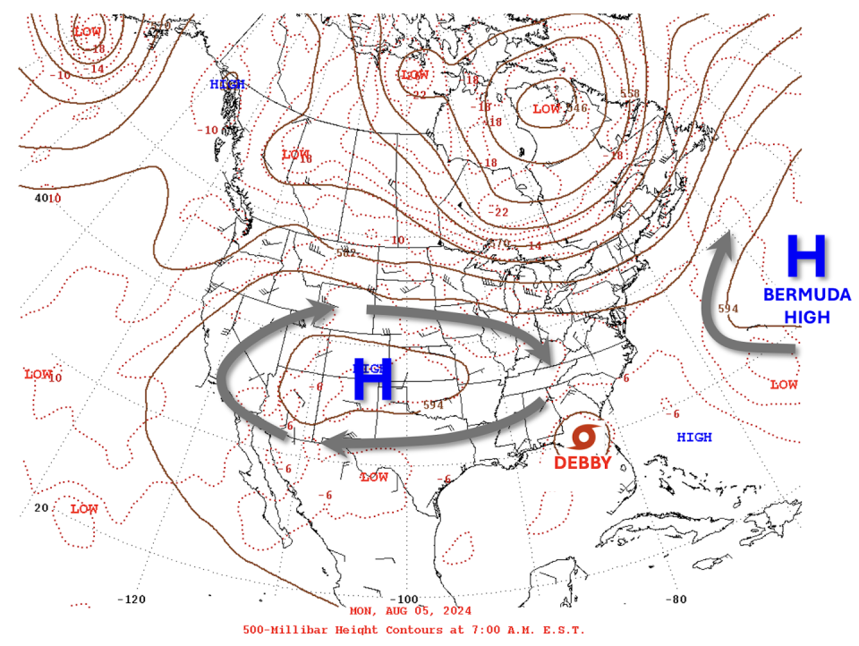 An annotated map of National Weather Service data shows influences on storms