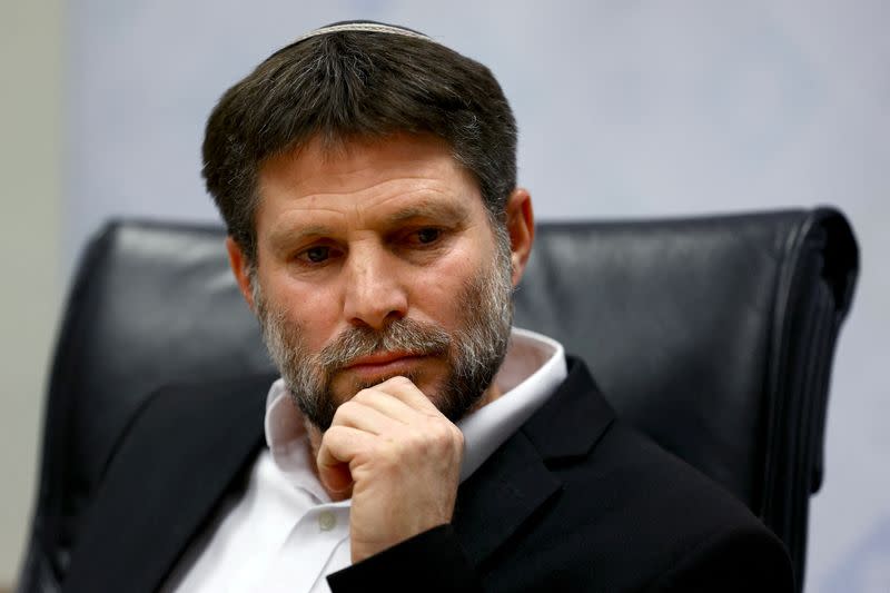 FILE PHOTO: Israeli Finance Minister Bezalel Smotrich speaks to the media in Jerusalem