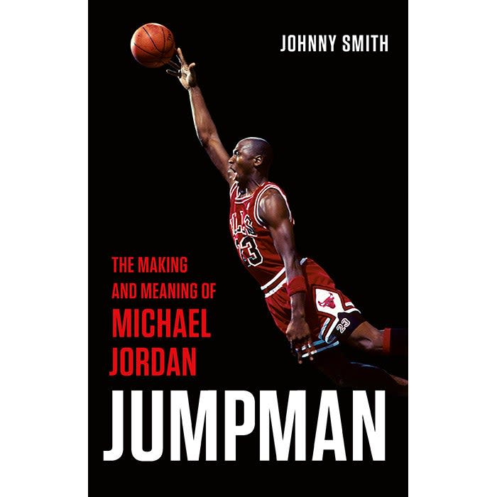 A cover of the book Jumpman, depicting Michael Jordan going up for a layup.