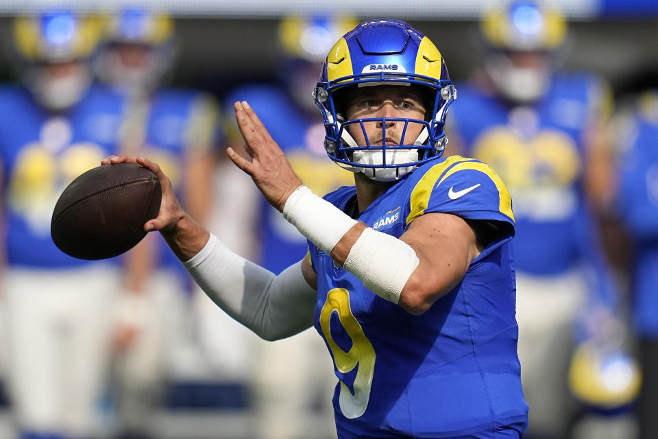 Los Angeles Rams quarterback Matthew Stafford passes during the first half of an NFL football game against the Pittsburgh Steelers Sunday, Oct. 22, 2023, in Inglewood, Calif. (AP Photo/Gregory Bull)