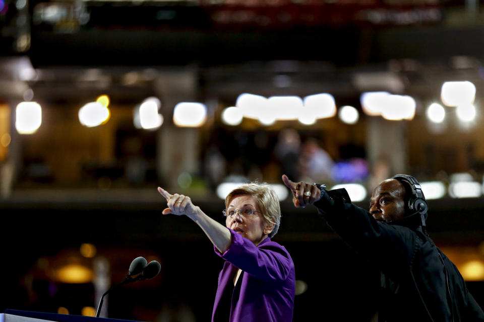 Senator Elizabeth Warren, a Democrat from Massachusetts, gestures on stage during a walk through before the start of the Democratic National Convention (DNC) in Philadelphia.