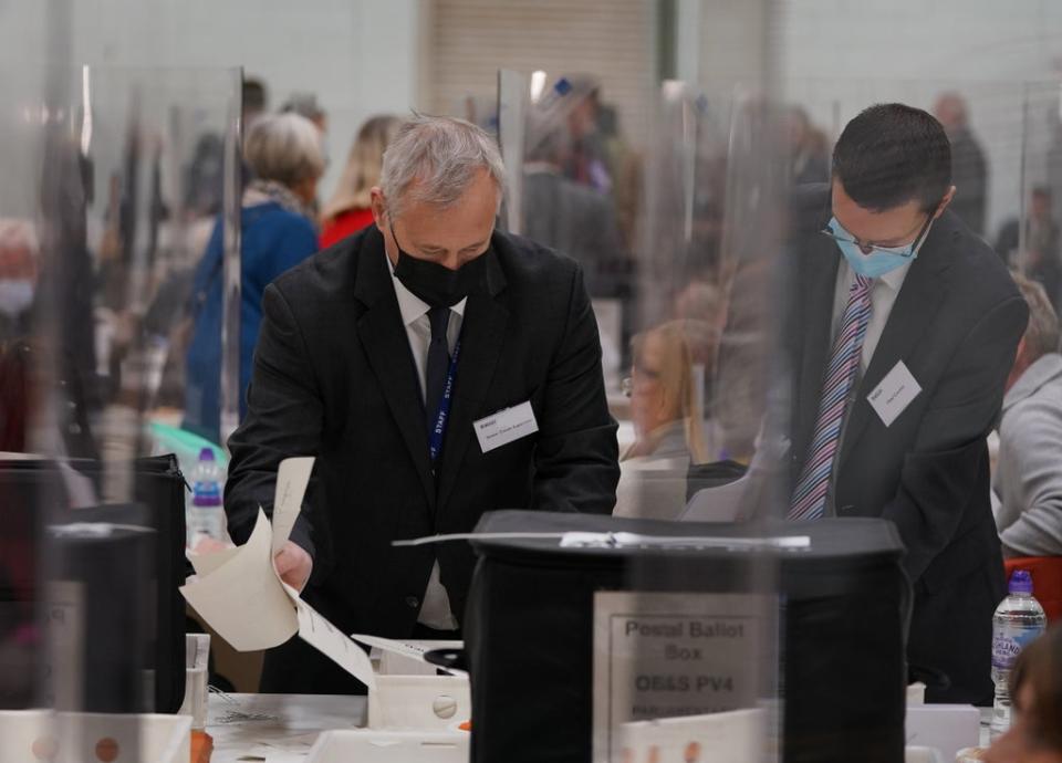 Election staff sort ballot papers during the count for the Old Bexley and Sidcup by-election (Gareth Fuller/PA) (PA Wire)