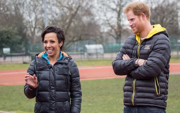 Dame Kelly Holmes and Prince Harry attend a Sport Relief training session - WARNING: Use of this copyright image is subject to the terms of use of BBC Pictures' Digital Picture Service (BBC Pictures) as set out at www.bbcpictures.co.uk. In particular, this image may only be published by a registered User of BBC Pictures for editorial use for the purpose of publicising the relevant BBC programme, personnel or activity during the Publicity Period which ends three review weeks following the date of transmission and provided the BBC and the copyright holder in the caption are credited. For any other purpose whatsoever, including advertising and commercial, prior written approval from the copyright holder will be required.