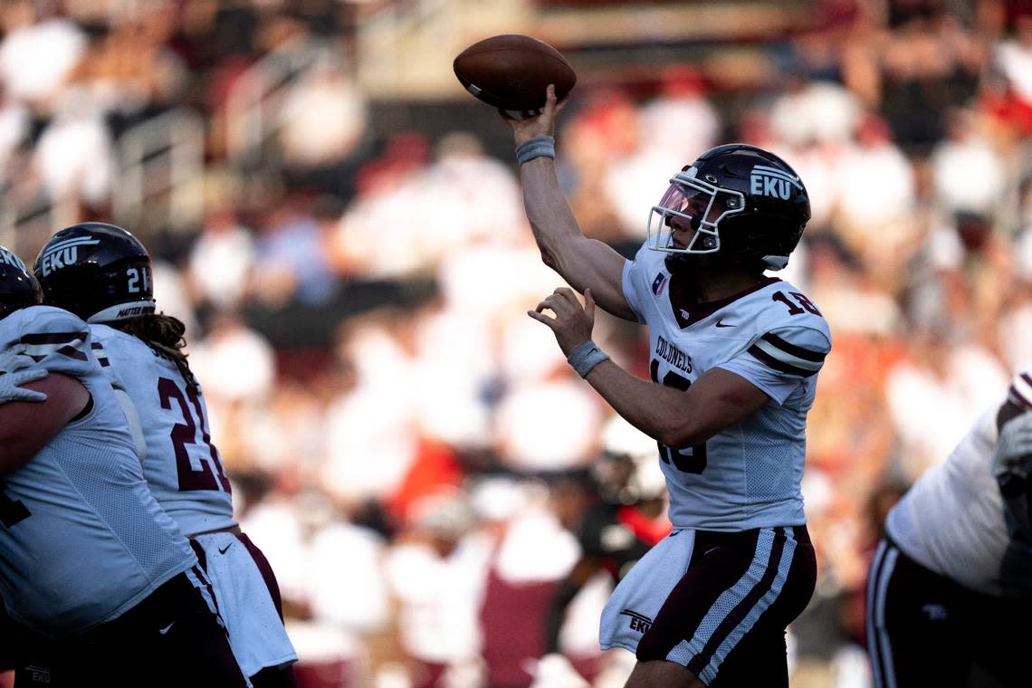 Parker McKinney (18) passed for 177 yards in Eastern Kentucky’s season-opening loss at Cincinnati last week.