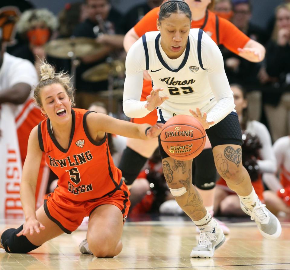 Bowling Green's Elissa Brett looks to steal the ball from Akron's Jordyn Dawson in a Mid American Conference Tournament quarterfinal game on Wednesday March 9, 2022 in Cleveland, Ohio, at Rocket Mortgage FieldHouse.