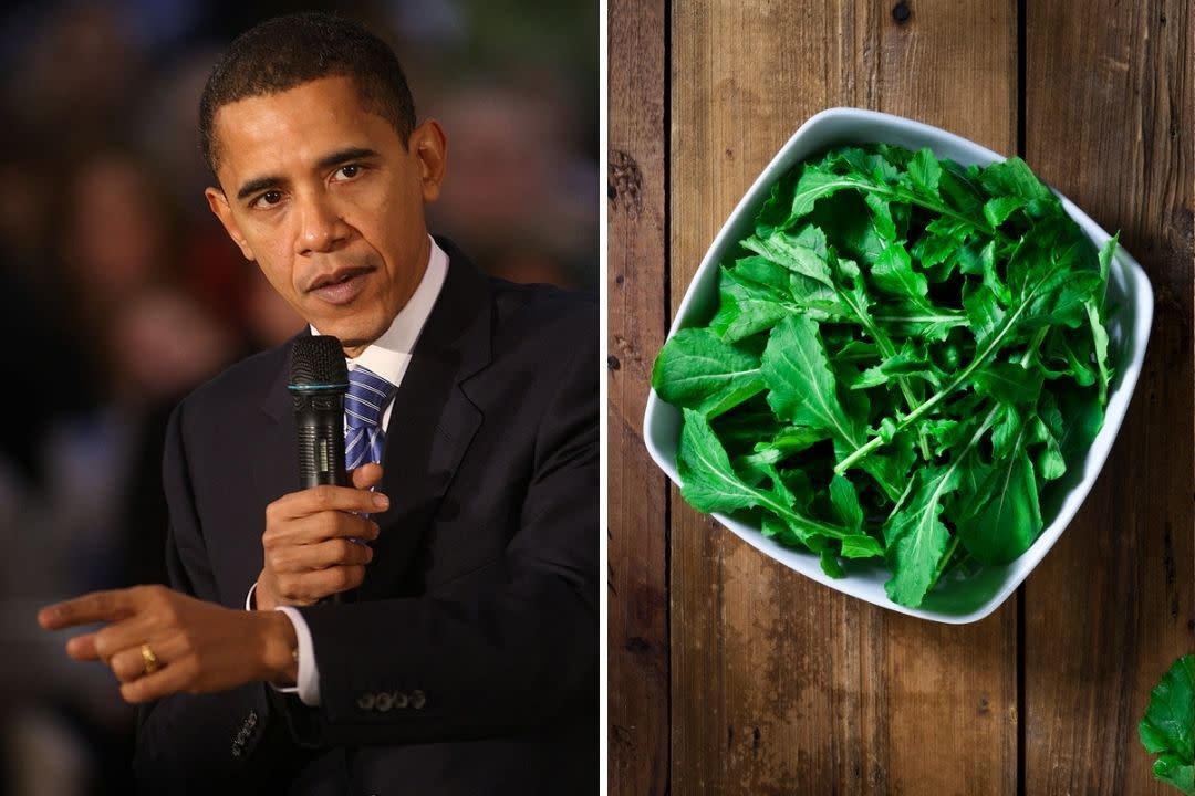 Composite: Barack Obama and bowl of arugula