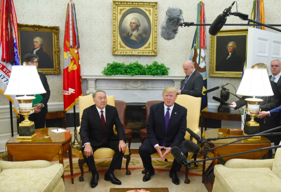 <em>Trump was meeting with President Nursultan Nazarbayev of Kazakhstan when he was questioned about immigration (Getty)</em>