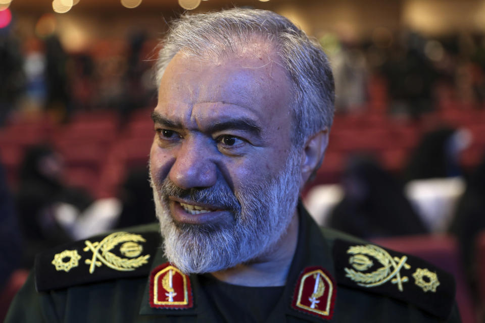 Deputy commander of the Iran's Revolutionary Guard Gen. Ali Fadavi attends a ceremony of female members of the Guard-affiliated Basij paramilitary force in one of the ceremonies marking "Basij Week" and also commemorating the 40th anniversary of establishment of the force, in Tehran, Iran, Sunday, Nov. 24, 2019. (AP Photo/Vahid Salemi)