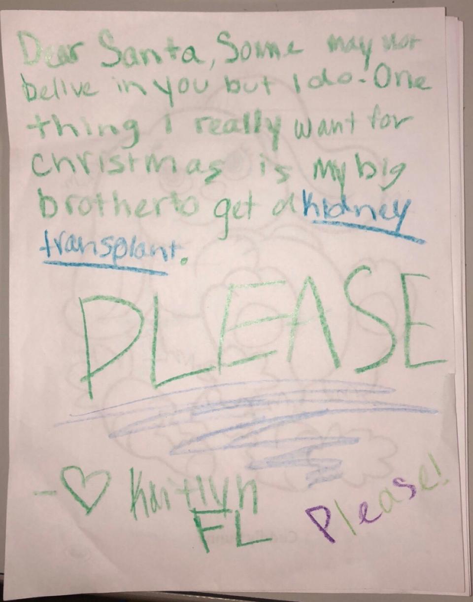“Kaitlyn” left a letter in a Lowe’s Santa Claus mailbox, asking for a new kidney for her brother. (Photo: Lowe’s)