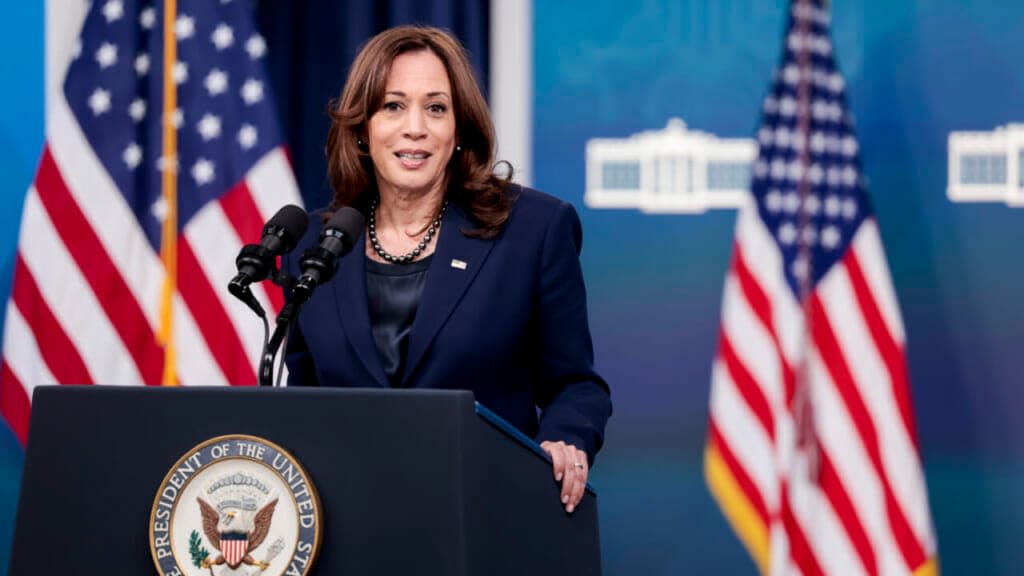 U.S. Vice President Kamala Harris delivers remarks on medical debt in the South Court Auditorium of the White House on April 11, 2022 in Washington, DC. (Photo by Anna Moneymaker/Getty Images)