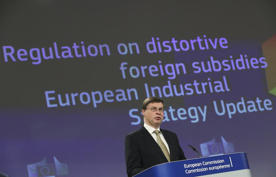 European Commission Vice President Valdis Dombrovskis speaks during a media conference on the proposal for a Regulation to address distortions caused by foreign subsidies in the Single Market and on the European Industrial Strategy Update at EU headquarters in Brussels, Wednesday, May 5, 2021. (Yves Herman, Pool via AP)