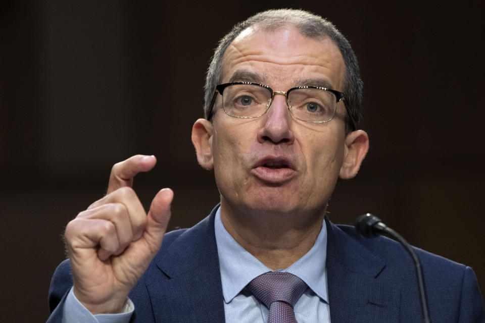 Moderna CEO and Director Stephane Bancel testifies during the Senate HELP Committee on the price of the COVID-19 vaccine, Wednesday, March 22, 2023, on Capitol Hill in Washington. (AP Photo/Jacquelyn Martin)