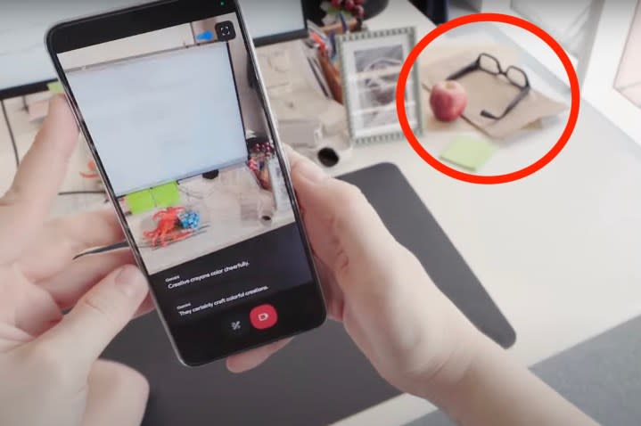 A screen capture from Google I/O's 2024 keynote, showing smartglasses.