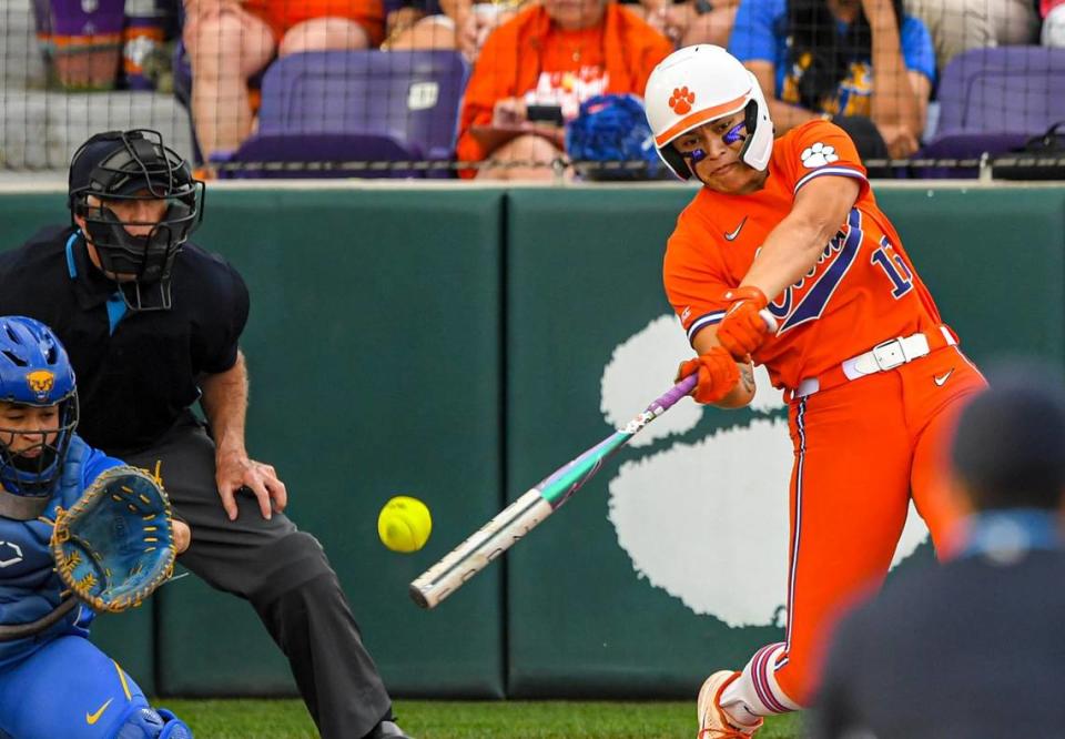 Clemson junior Alia Logoleo (16) hits a single against Pittsburgh during the bottom of the third inning at McWhorter Stadium in Clemson Friday, April 21, 2023.