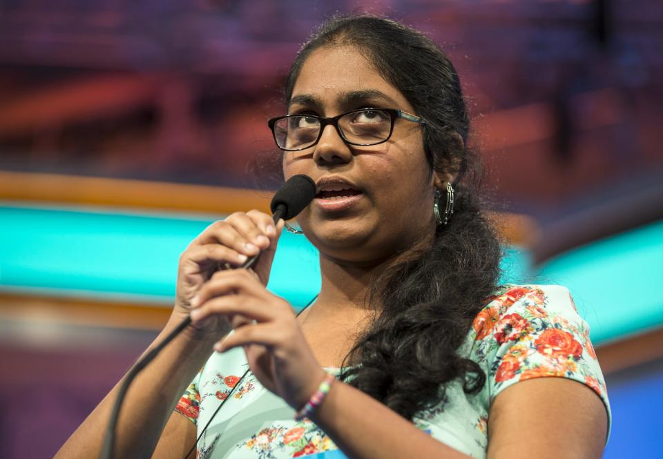 Vaishnavi Suren of Jacksonville, Florida, spells "kipuka" during the semi-final round of the 88th annual Scripps National Spelling Bee