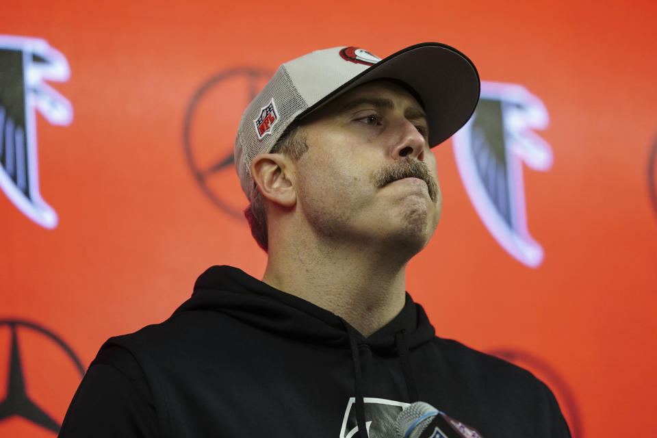 Atlanta Falcons head coach Arthur Smith speaks during a news conference after an NFL football game between the Atlanta Falcons and the New Orleans Saints, Sunday, Nov. 26, 2023, in Atlanta. (AP Photo/John Bazemore)