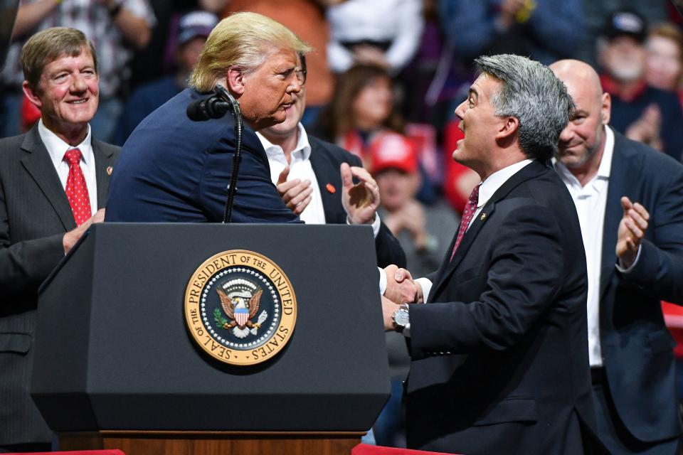 Sen. Cory Gardner (R-Colo.) joined President Donald Trump on stage during a Keep America Great rally in February in Colorado Springs. With Gardner facing a tough reelection bid this year, Trump didn't do him any favors this week by nominating an extreme anti-environmentalist to head the Bureau of Land Management. (Michael Ciaglo via Getty Images)