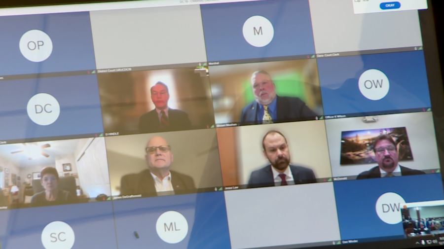 <em>Nevada Republican Party Chairman Michael McDonald, Jesse Law, Jim DeGraffenreid, Durward James Hindle III, Shawn Meehan and Eileen Rice all appeared remotely for their initial arraignments. (KLAS)</em>