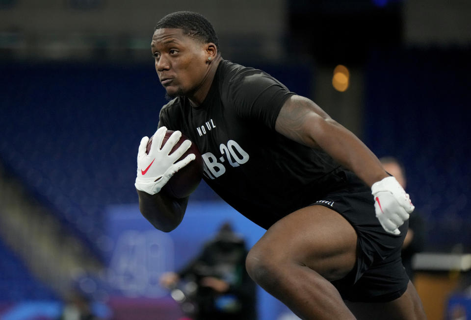 Mar 5, 2023; Indianapolis, IN, USA; Tulsa running back Deneric Prince (RB20) during the NFL Scouting Combine at Lucas Oil Stadium. Mandatory Credit: Kirby Lee-USA TODAY Sports