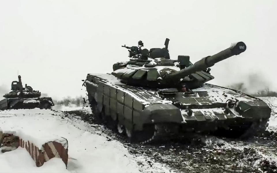 Russian tanks in Rostov - Russian Defense Ministry Press Service via AP