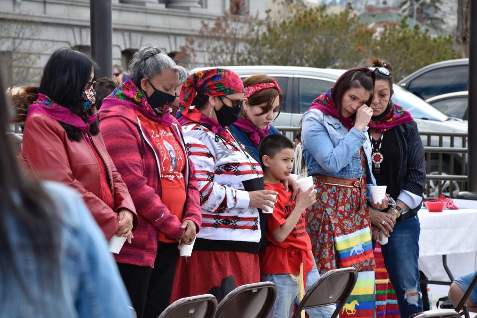 Family members of missing and murdered indigenous women in Montana gather in front of the state Capitol in Helena, Mont., Wednesday, May 5, 2021.