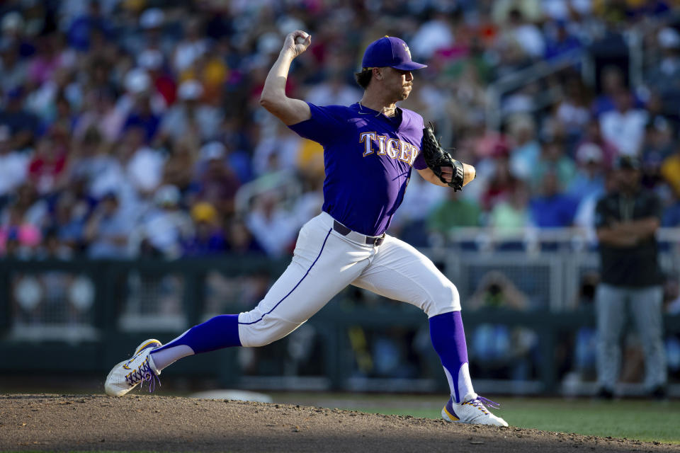 LSU pitcher Paul Skenes throws to a Wake Forest batter during the fifth inning in a baseball game at the NCAA College World Series in Omaha, Neb., Thursday, June 22, 2023. (AP Photo/John Peterson)